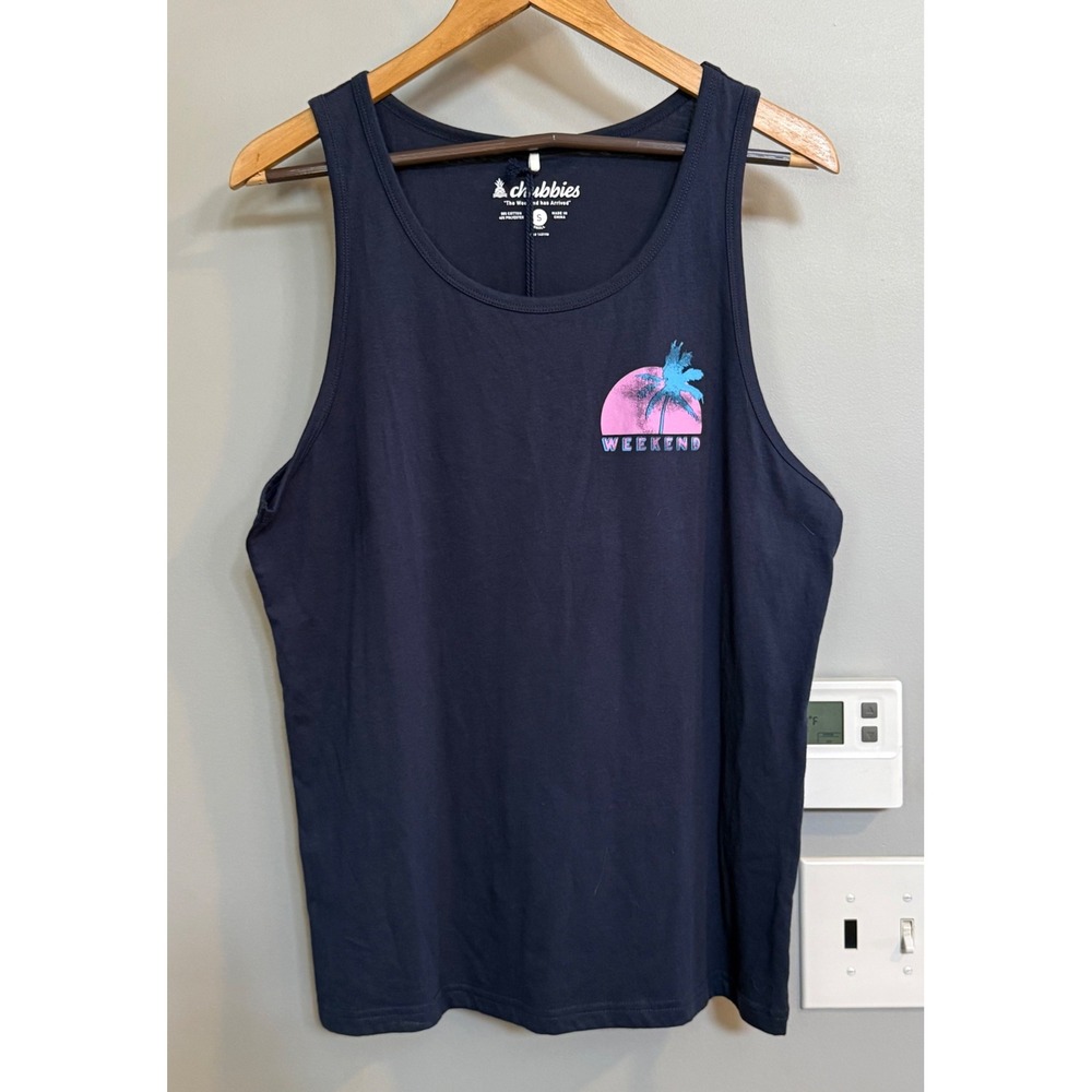 Chubbies Navy Blue The Weekend Has Arrived‎ Palm Tree Tank Top Men's Small - Picture 2 of 7